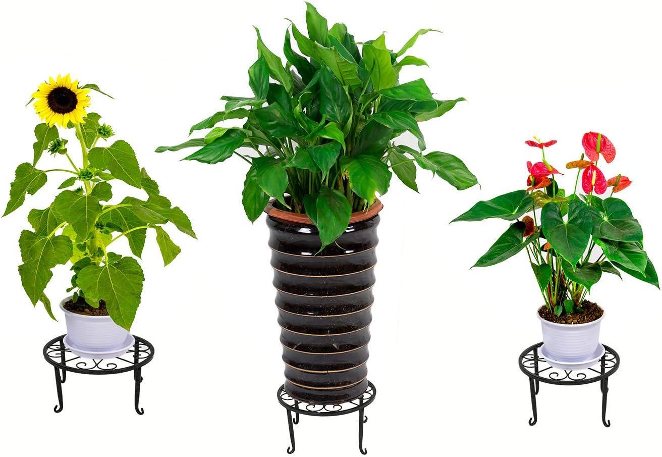 3 Pack 9 inches Metal Plant Stands with Saucer for Indoor and Outdoor Plants Heavy Duty Potted Heavy Duty Flower Pot Stand Holder Rustproof Iron Round Plant Shelf for Garden, Brown