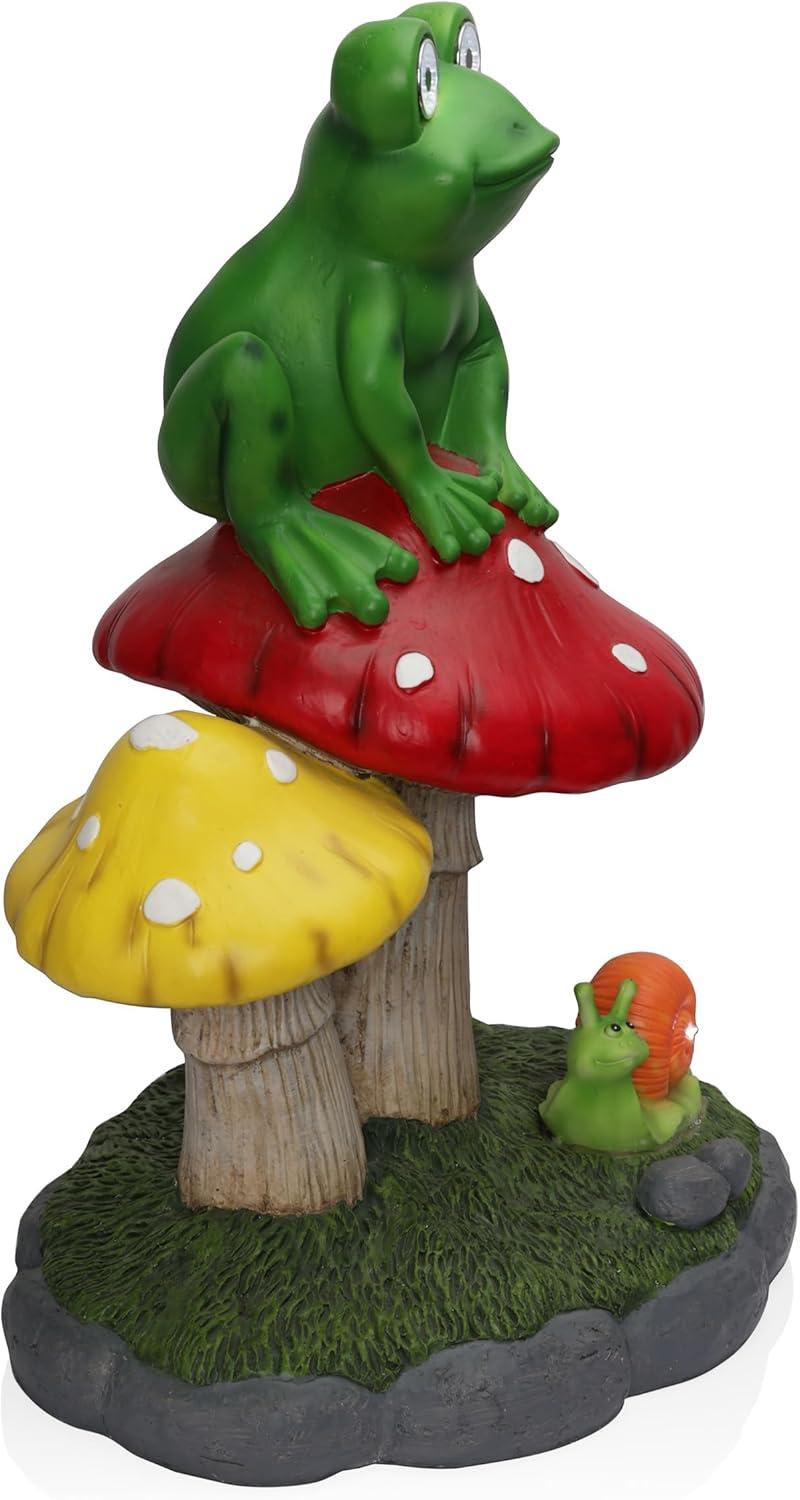 Solar Frog Sitting On Top of Mushroom Statue