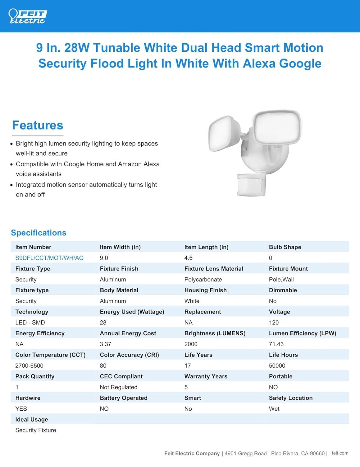 Feit Electric SMART Motion-Sensing Hardwired LED White Security Floodlight
