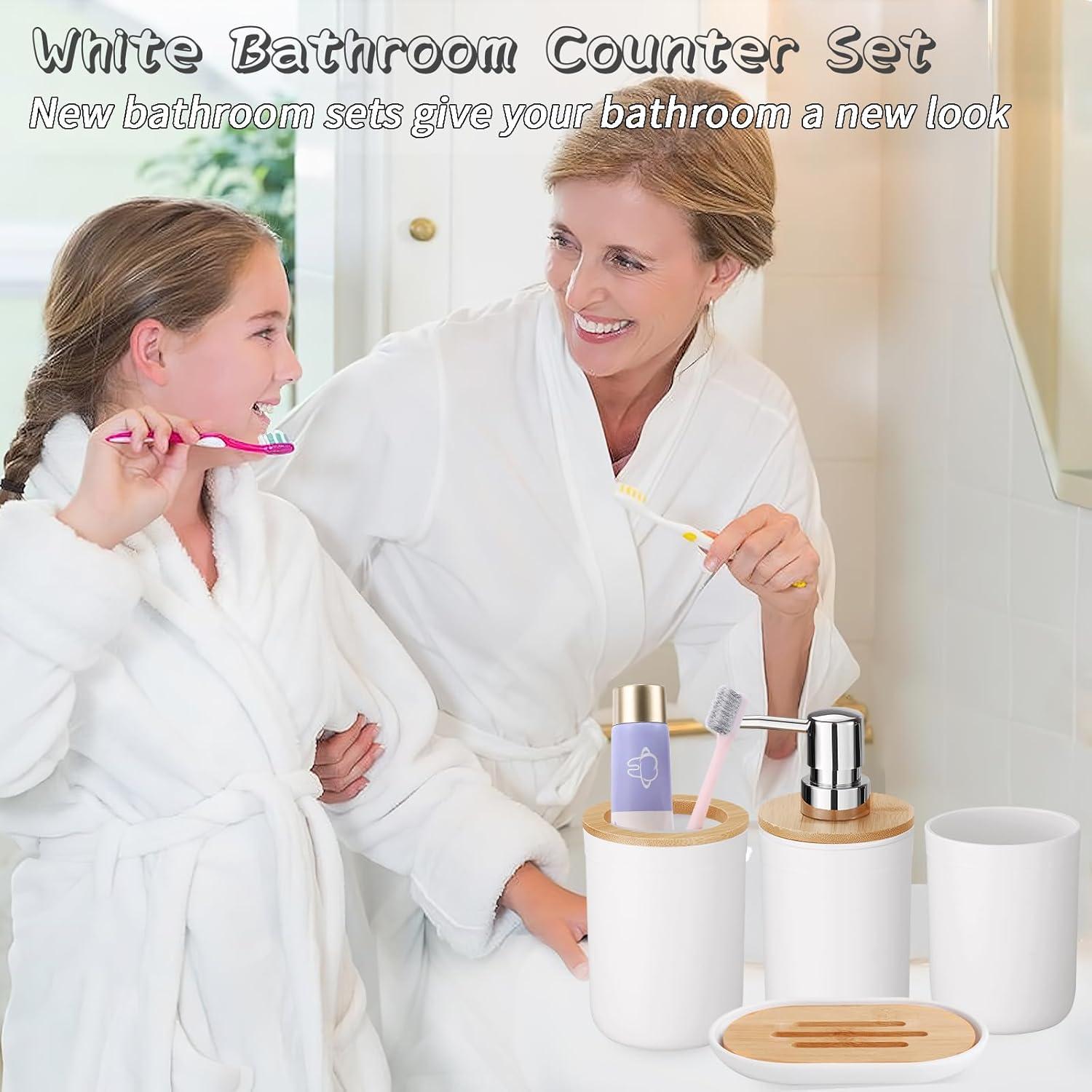 White Plastic 9-Piece Bathroom Accessory Set with Bamboo Accents