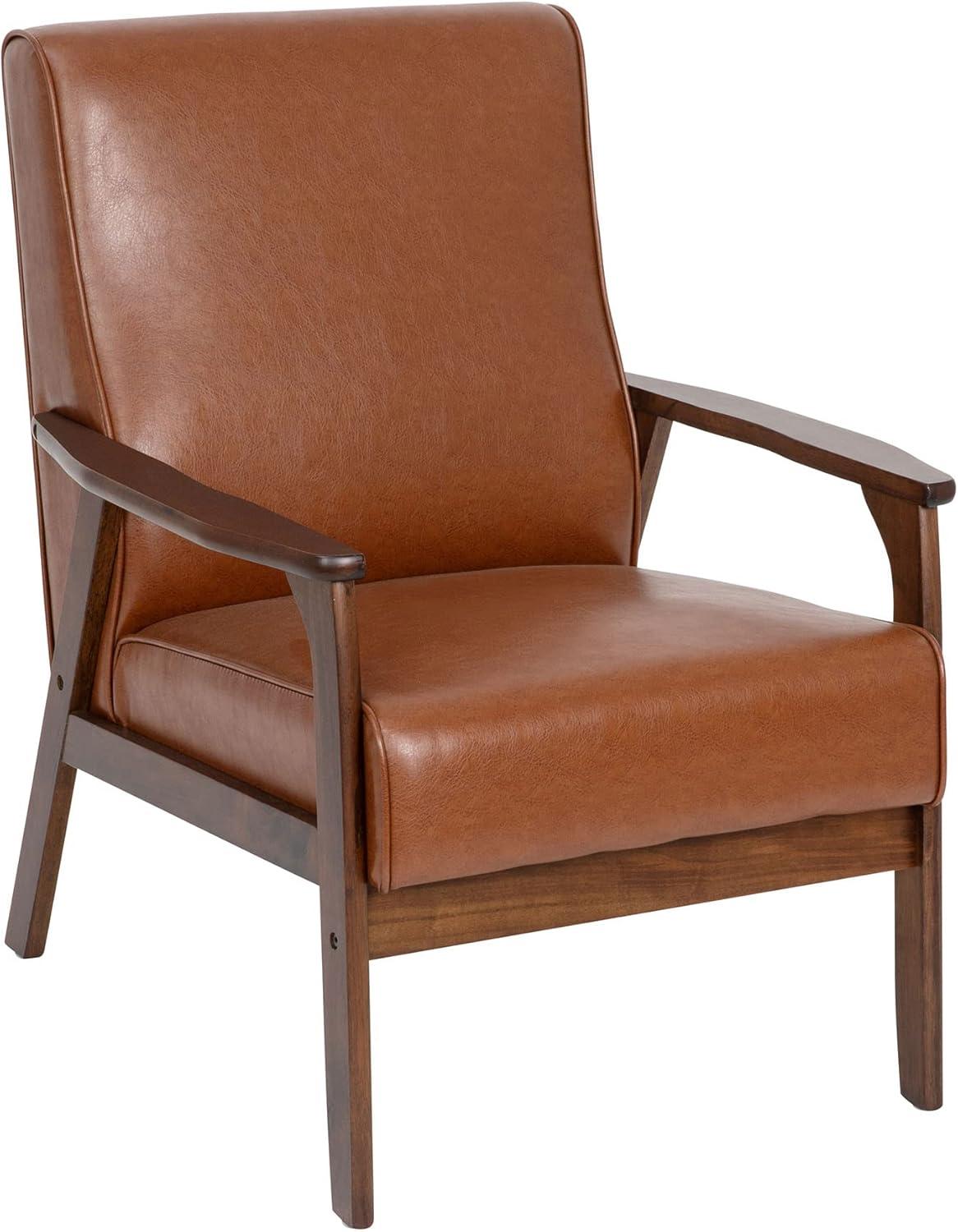 Cognac LeatherSoft Mid-Century Modern Accent Chair with Walnut Wooden Frame