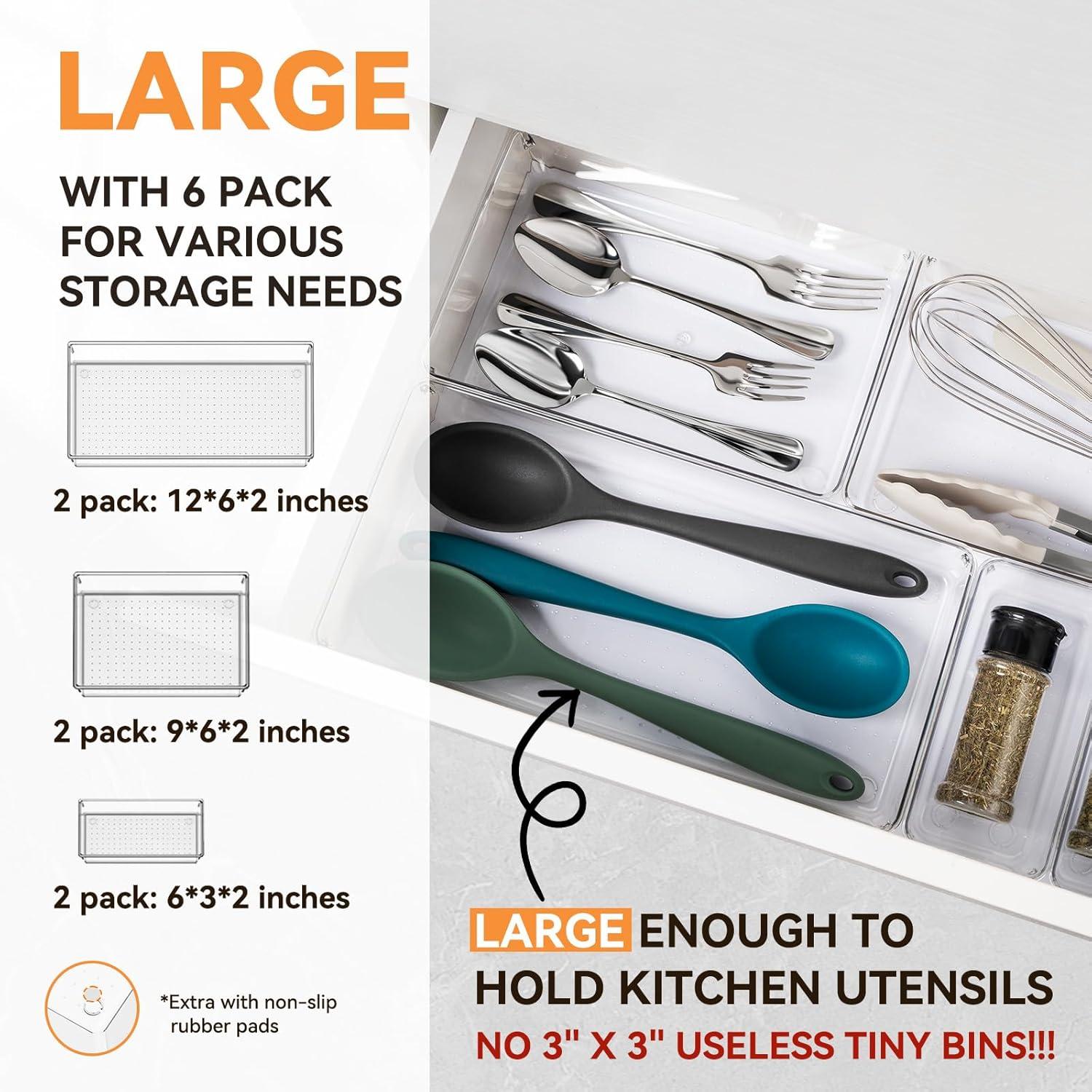 ihomecooker 3 Pack Clear Plastic Drawer Organizer Tray Cutlery Utensil Makeups Drawer Silverware Organizers 12" X 6"… (6P(6X6+6X9+6X15))