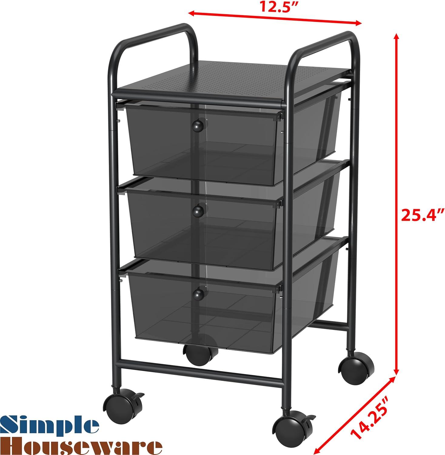 Black Metal 3-Drawer Rolling Utility Cart with Perforated Top