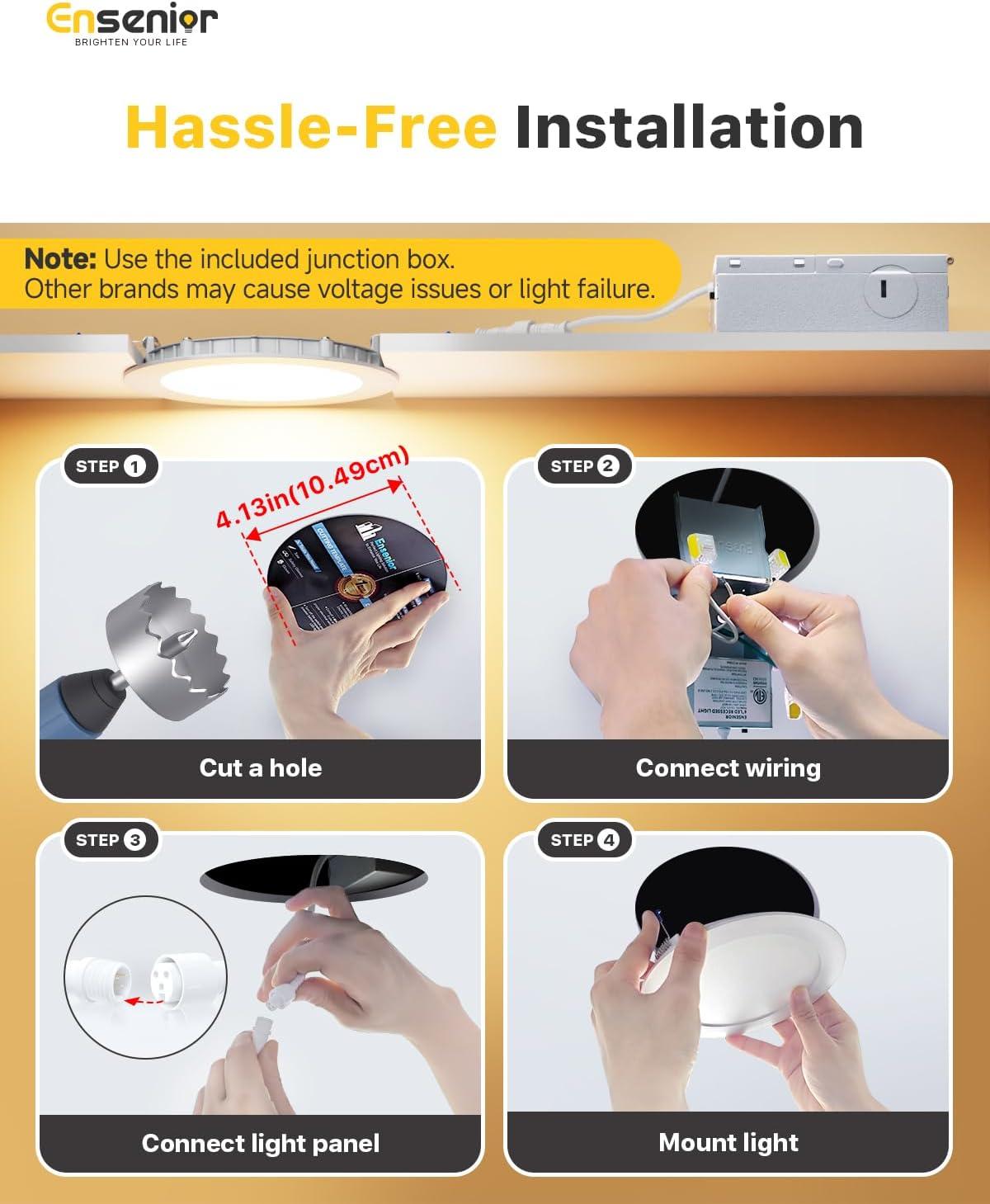 Ensenior 12 Pack 4 Inch Ultra-Thin LED Recessed Ceiling Light with Junction Box, 3000K/4000K/5000K Selectable, 9W 75W Eqv, Dimmable, 750LM High Brightness - ETL and Energy Star Certified 4 Inch 5000k/4000k/3000k - 3cct White