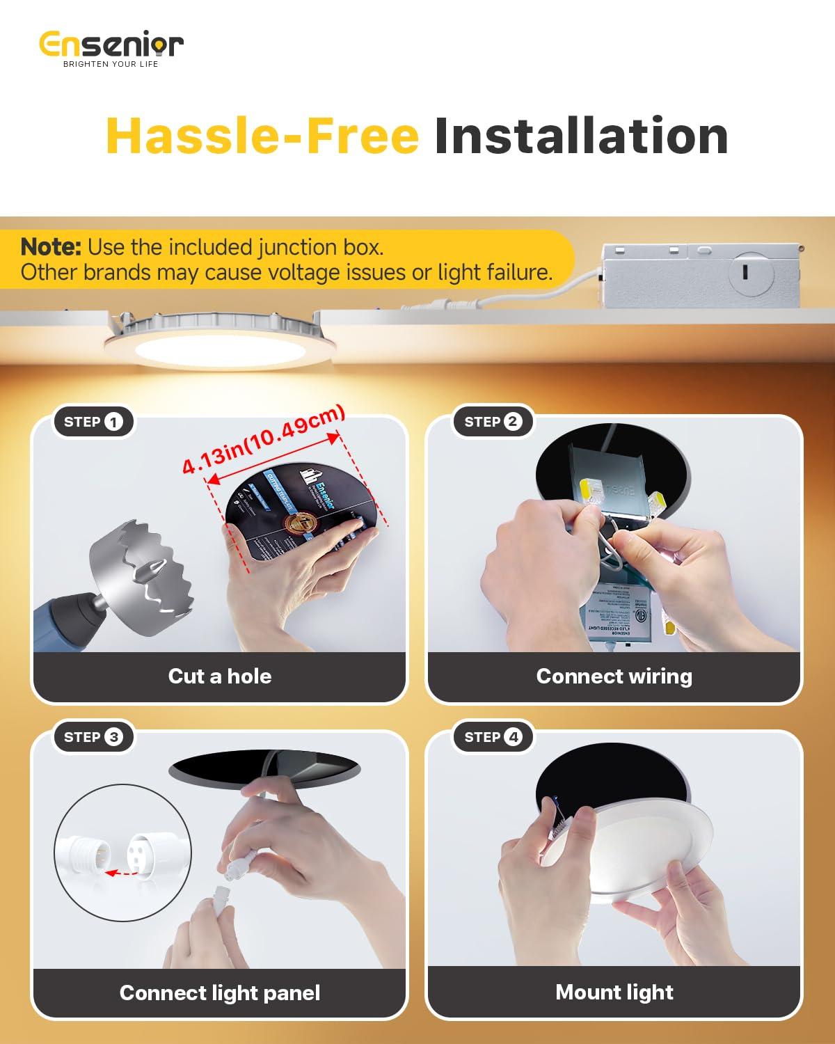 Ensenior 12 Pack 4 Inch Ultra-Thin LED Recessed Ceiling Light with Junction Box, 3000K/4000K/5000K Selectable, 9W 75W Eqv, Dimmable, 750LM High Brightness - ETL and Energy Star Certified 4 Inch 5000k/4000k/3000k - 3cct White