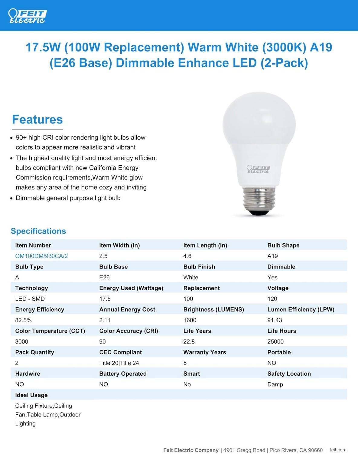 Feit Electric Enhance A19 E26 (Medium) LED Bulb Bright White 100 Watt Equivalence 2 pk