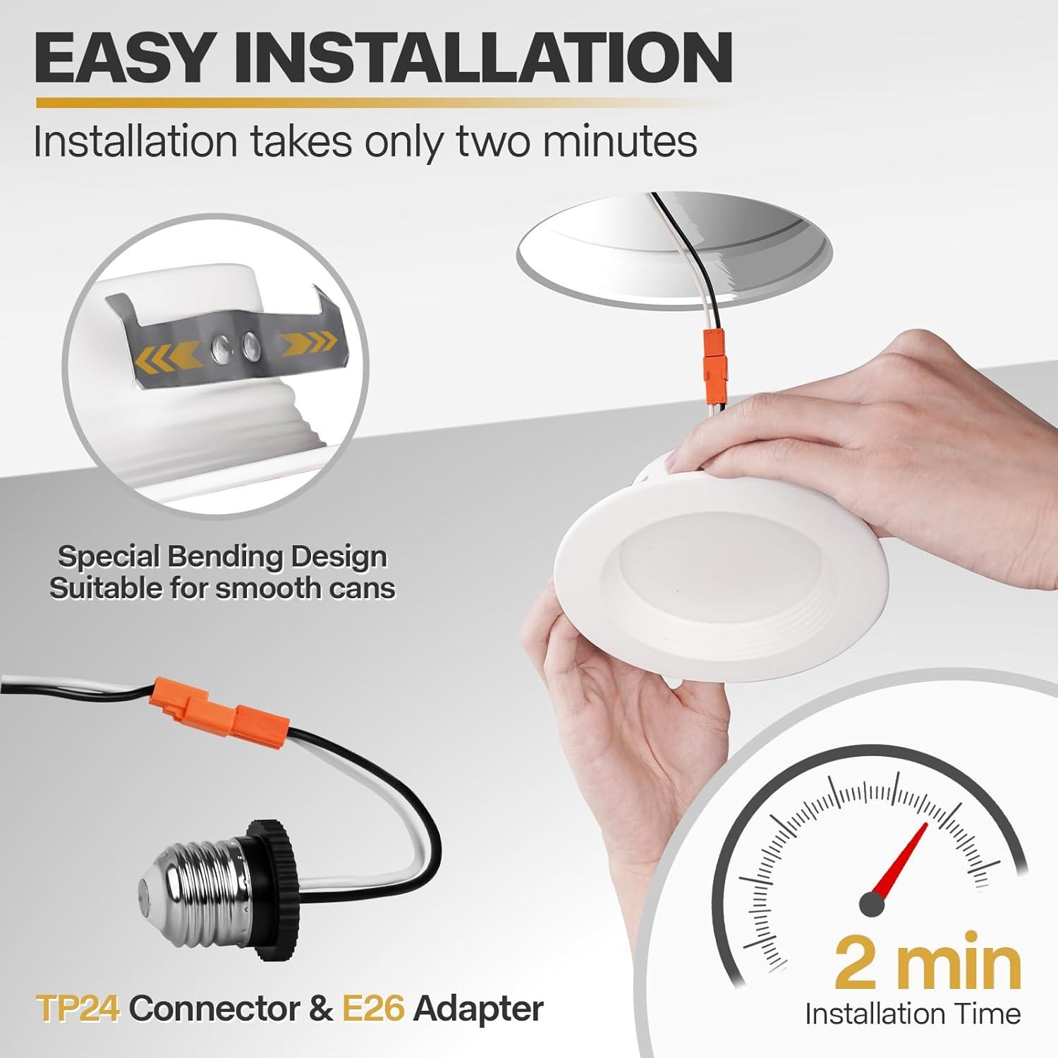 12 Pack 4 Inch LED Can Lights Retrofit Recessed Lighting, 5CCT 4 Inch Recessed Downlight Selectable 2700K-6000K Dimmable, 9W 630LM Recessed Lights with Metal Smooth Trim- ETL and Energy Star Certified