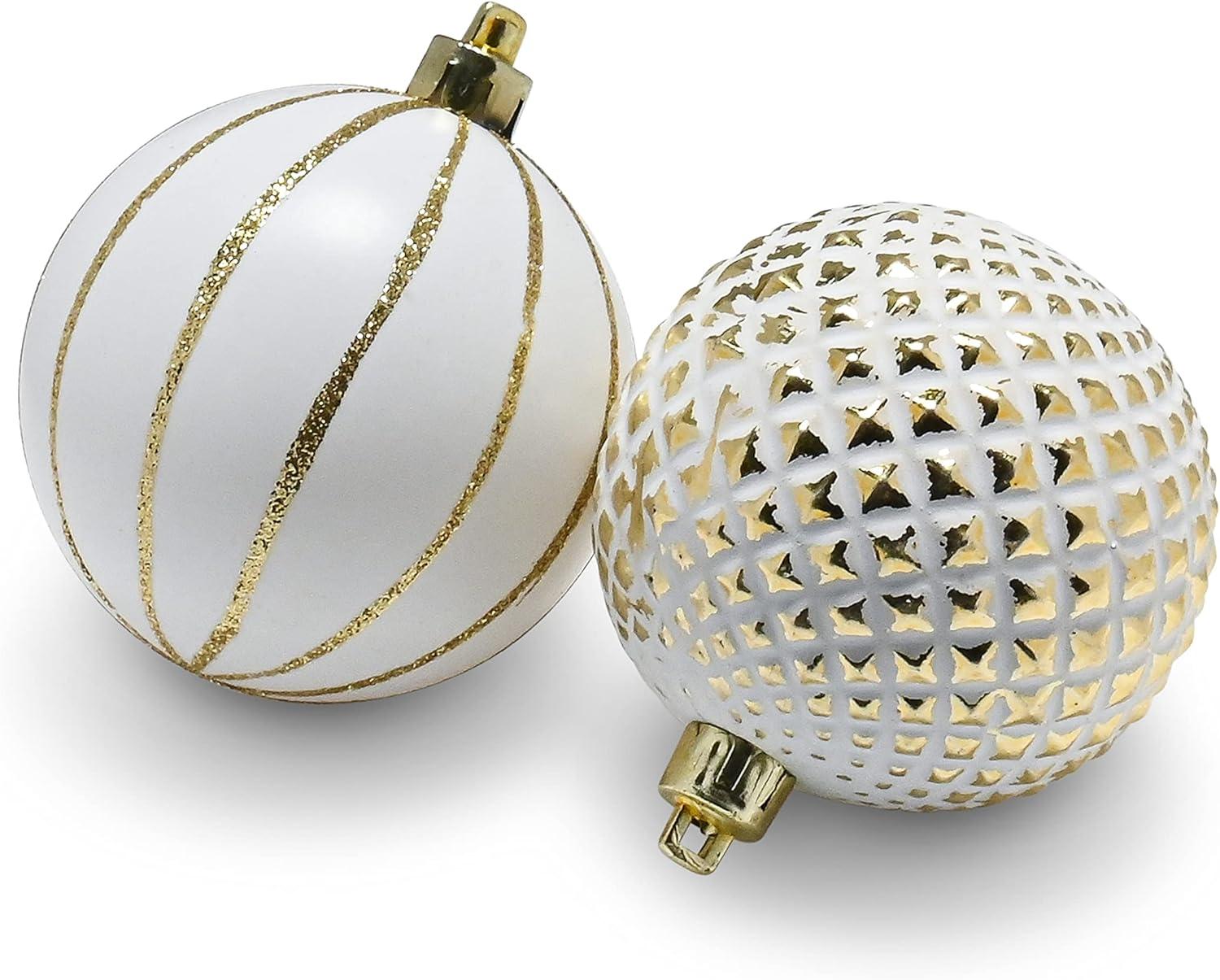 Gold and White Shatterproof Plastic Christmas Ball Ornaments Set