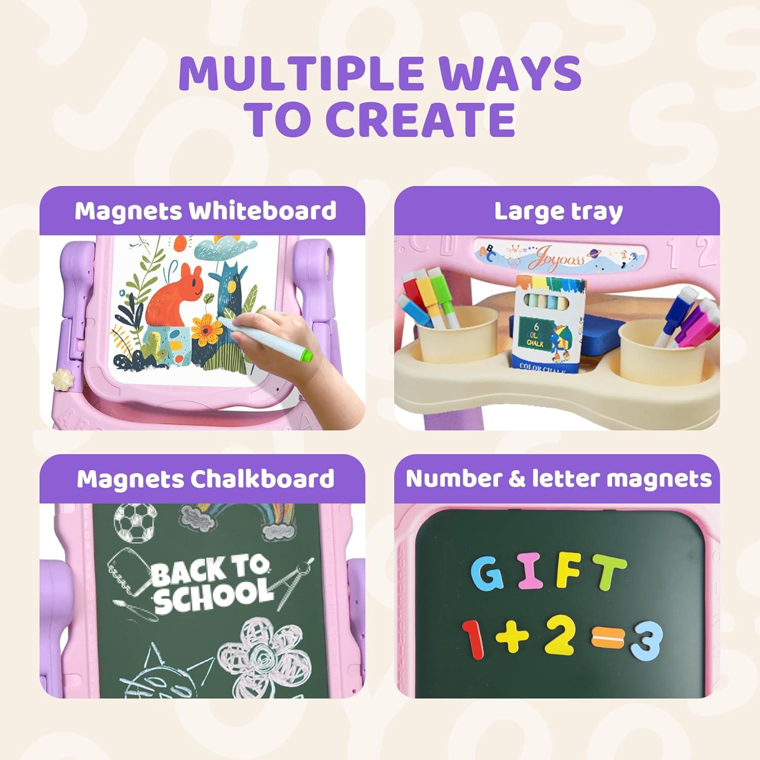 Easel for Kids, Adjustable Standing Art Easel for Toddler, Double Magnetic Drawing Board with Painting Accessories, Birthday Christmas Gift for Little Boys and Girls,  Pink