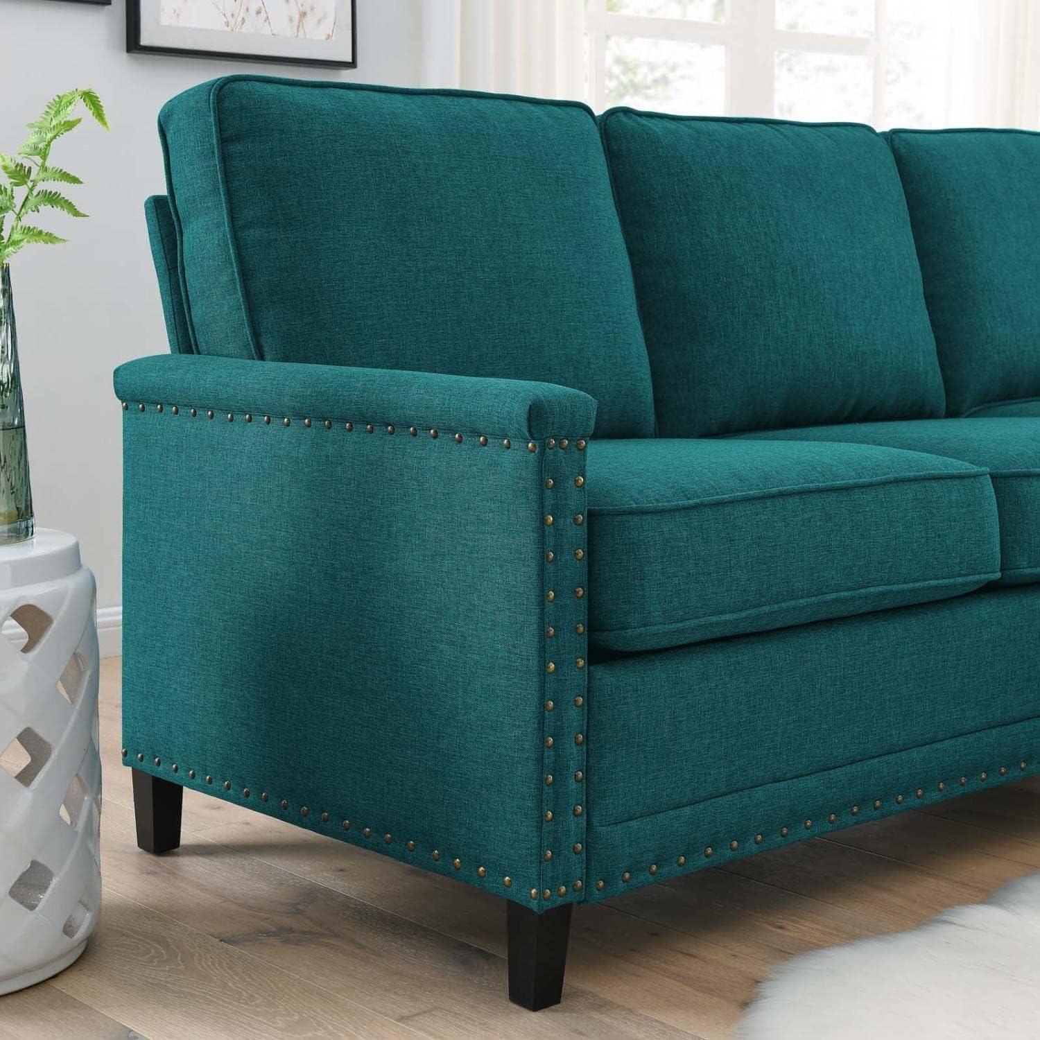 Teal Fabric Lawson Sectional Sofa with Nailhead Trim