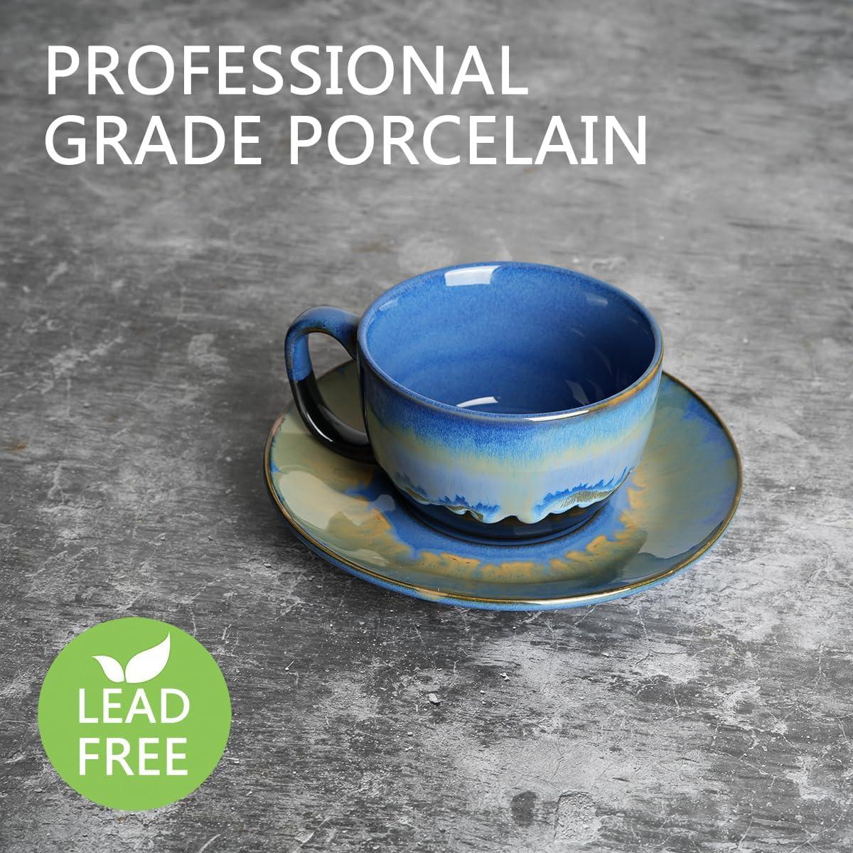 shuoli Ceramic Cappuccino Cup And Saucer Set Of 2, 10 Oz, Dishwasher And Microwave Safe, Coffee Cups For Latte, Espresso, Tea, Reavtive Glaze (Blue, 10 Oz) | Wayfair