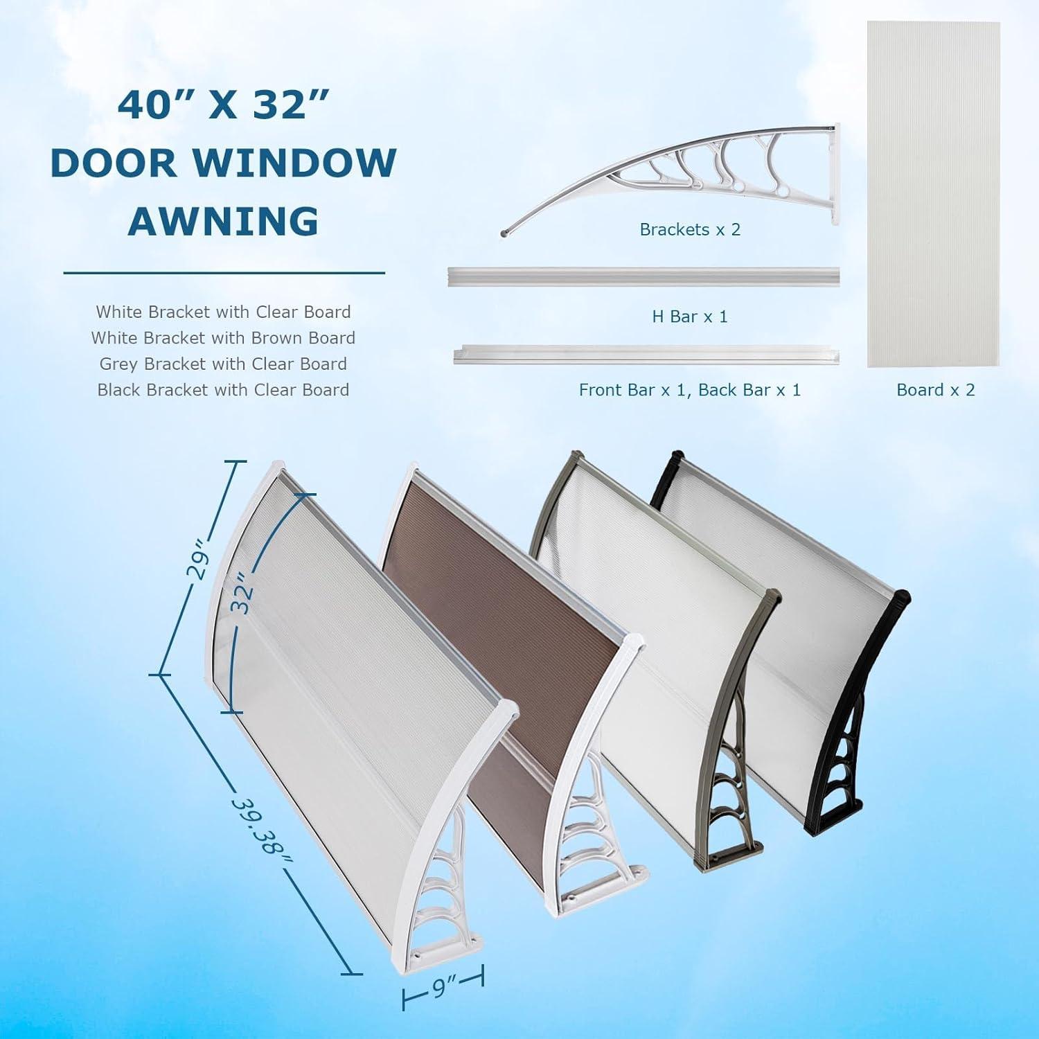 40" x 32" Door Window Awning Exterior, Polycarbonate Cover Entry Door Outdoor Patio Awning Canopy, Front Door Overhang Awning for Sun Shutter, UV, Rain and Snow Protection, Hollow Sheet (Clear Board)