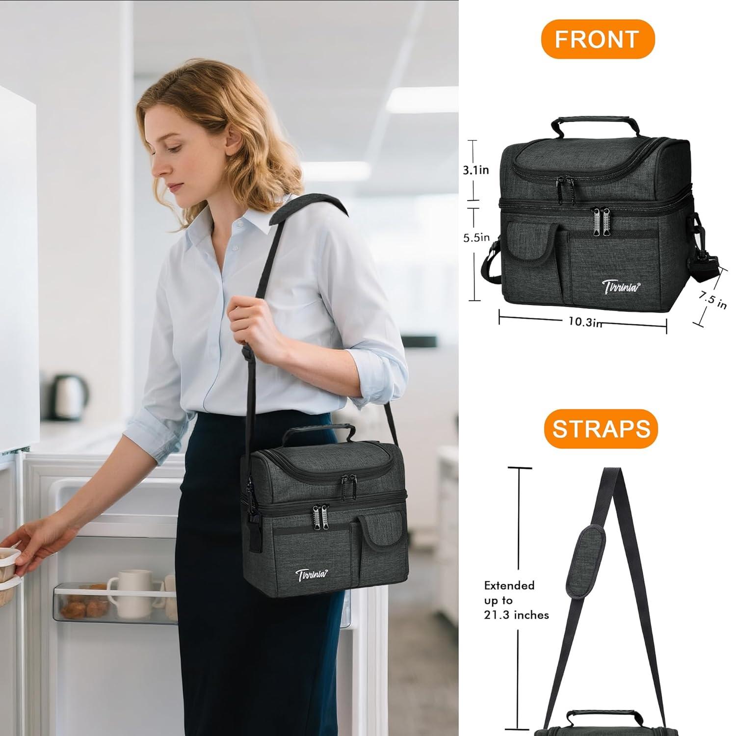 Tirrinia Dual Compartment Lunch Bag with Shoulder Strap for Adults, Large Lunch Bags, Insulated Leakproof Thermal Lunch Totes, Charcoal