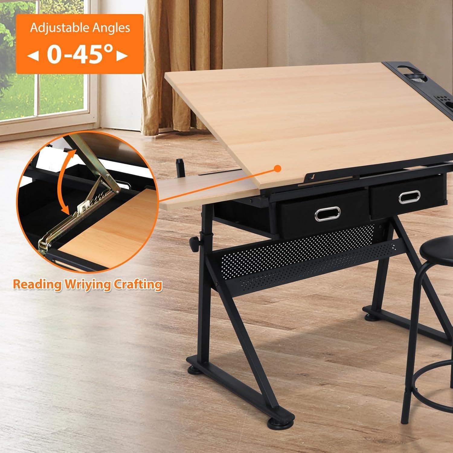 Drafting Table Drawing Desk Art&Craft Work Station Height Adjustable Tilting Tabletop Craft Table Desk w/Stool and 2 Storage Drawers for Home Office Study Room, Natural