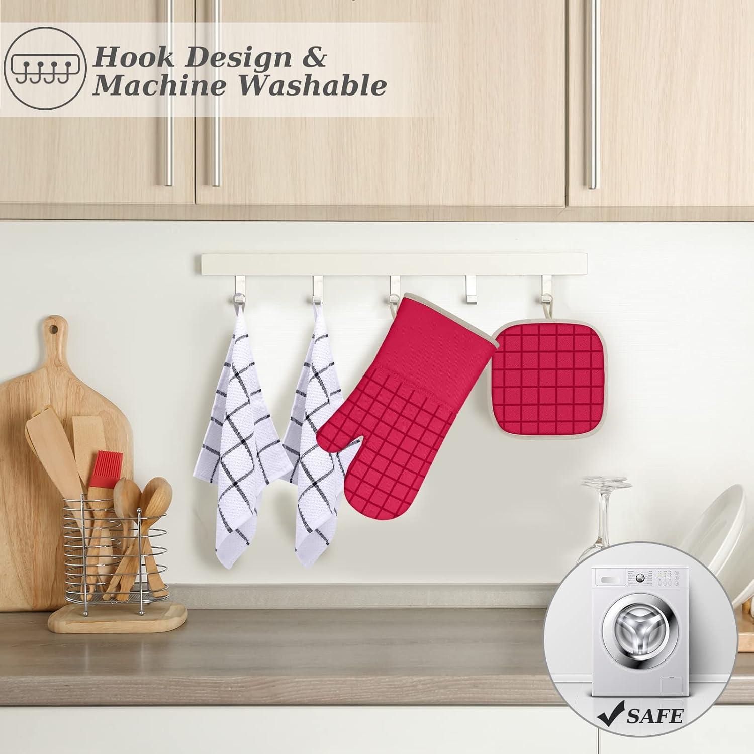 Oven Mitts and Pot Holders Set with Kitchen Towels and Dishcloths, 500 Degree Heat Resistant Oven Gloves and Hot Pads, Premium Soft Cotton Kitchen Hand Towels and Dish Cloth Sets (Red)