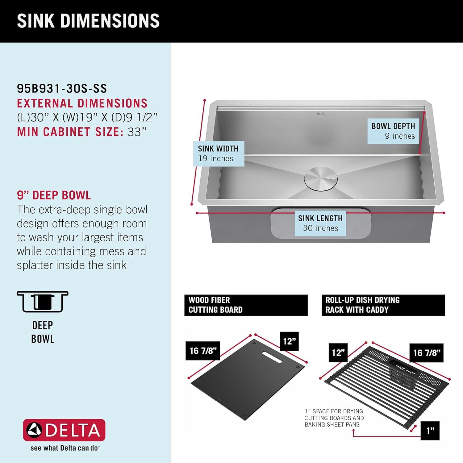 Delta Rivet™ 30" L Workstation Kitchen Sink Undermount 16 Gauge Stainless Steel Single Bowl