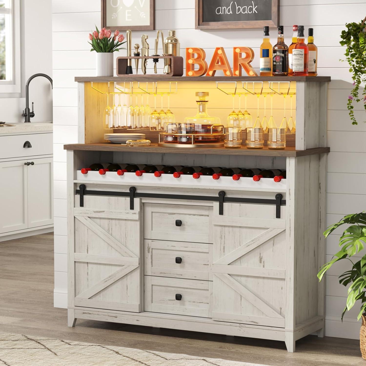 Gracie Oaks Farmhouse Wine Bar Cabinet With Sliding Bar Door And Led Lights, Sideboard With 2 Layers Tabletops, Wine And Glass Racks, 2 Storage Cabinets With Adjustable Shelf, 3 Drawers, Rustic White