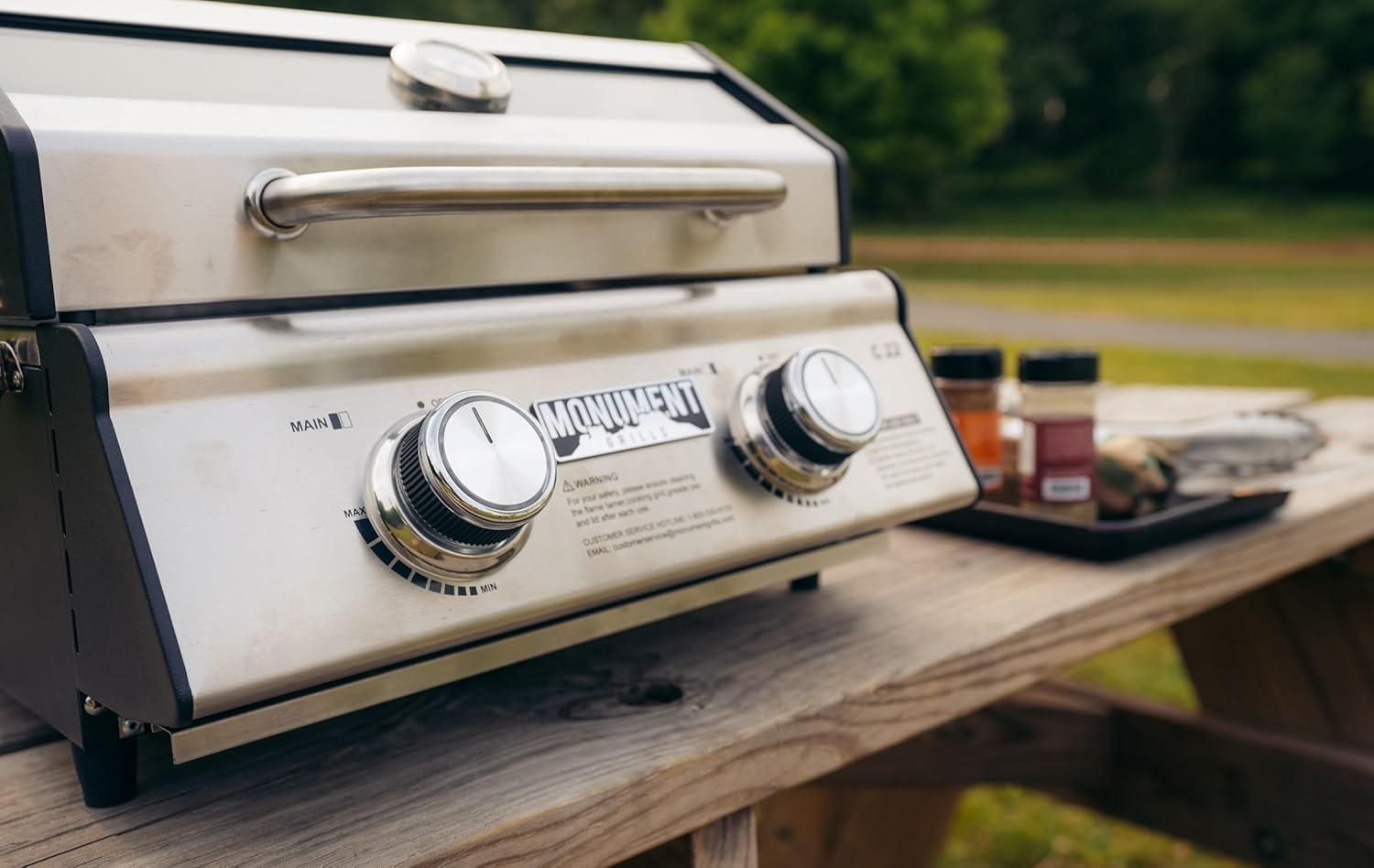 Monument Grills 13742,2-Burner Portable Stainless Steel Tabletop Propane Gas Grill with High Lid and Travel Locks, 15,000 BTU – Perfect for Family BBQs