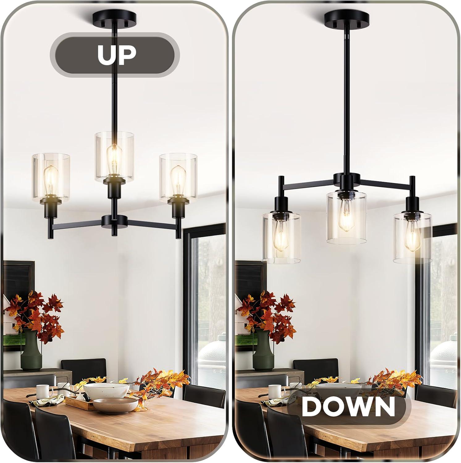Black Chandelier for Dinning Room Living Room Island Kitchen Chandelier Light Fixtures Over Table, 3 Light Farmhouse Chandelier with Cylinder Clear Glass, Height Adjustable