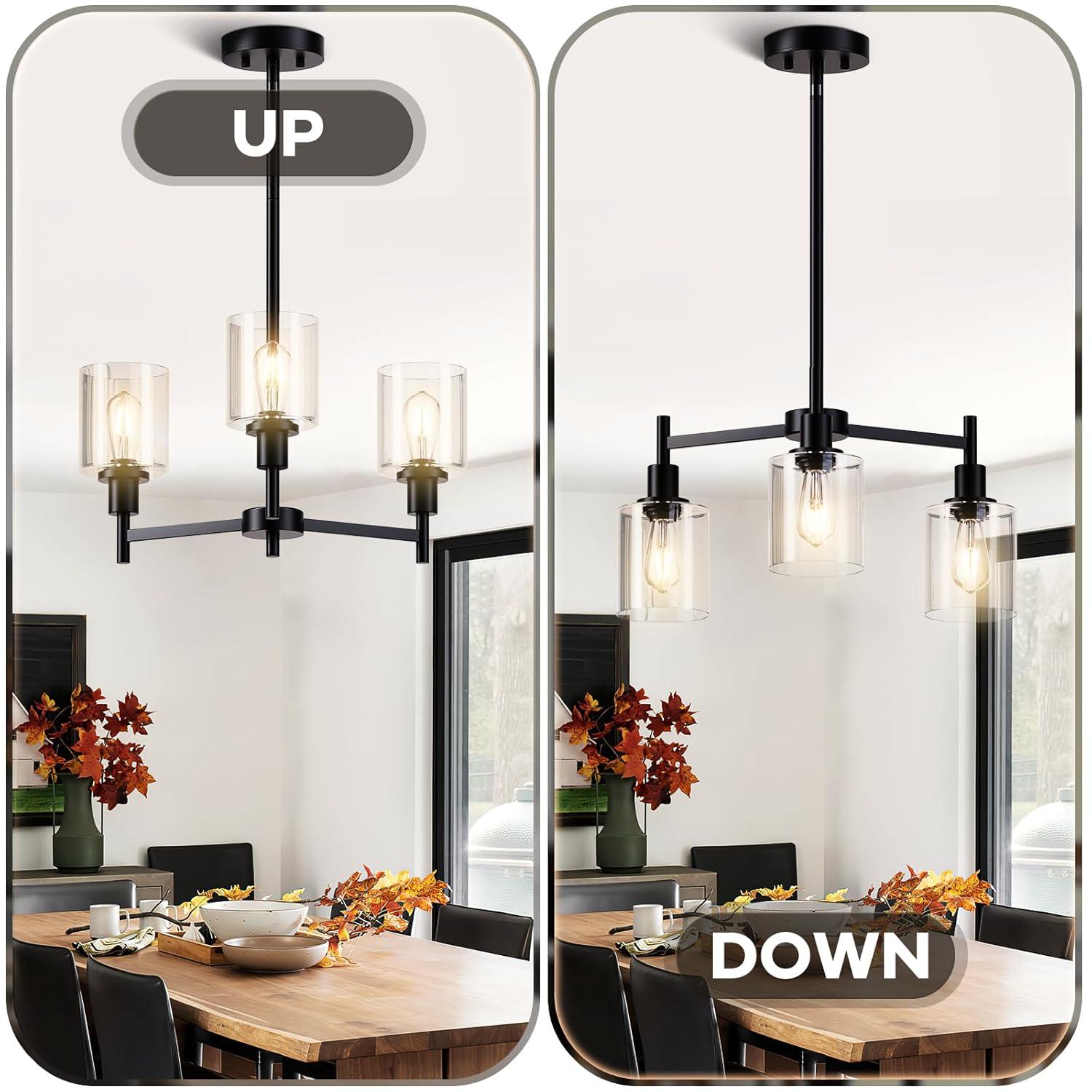 Black Chandelier for Dinning Room Living Room Island Kitchen Chandelier Light Fixtures Over Table, 3 Light Farmhouse Chandelier with Cylinder Clear Glass, Height Adjustable