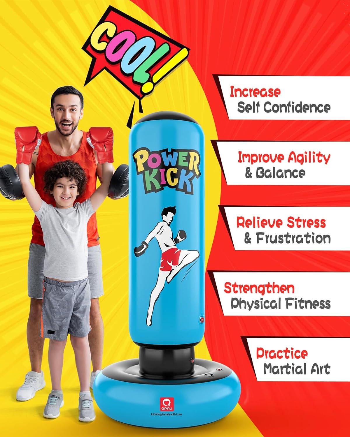 QPAU Larger Punching Bag for Kids, 66" Inflatable Boxing Bag, Gifts for Boys & Girls Age 6-12 for Practicing Karate, Taekwondo, MMA and to Relieve Pent Up Energy in Kids and Adults (Blue)