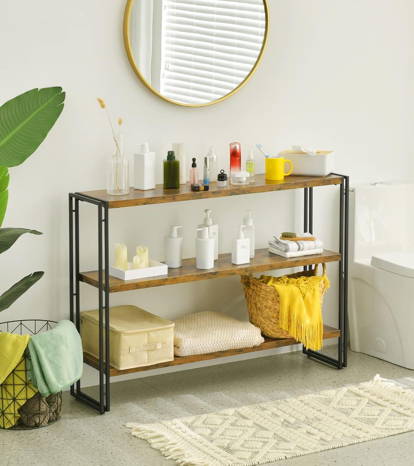 HCHQHS 3-Tier Rustic Wood and Metal Industrial Bookshelf for Home Office, Bedroom, Kitchen, Bathroom - 47in