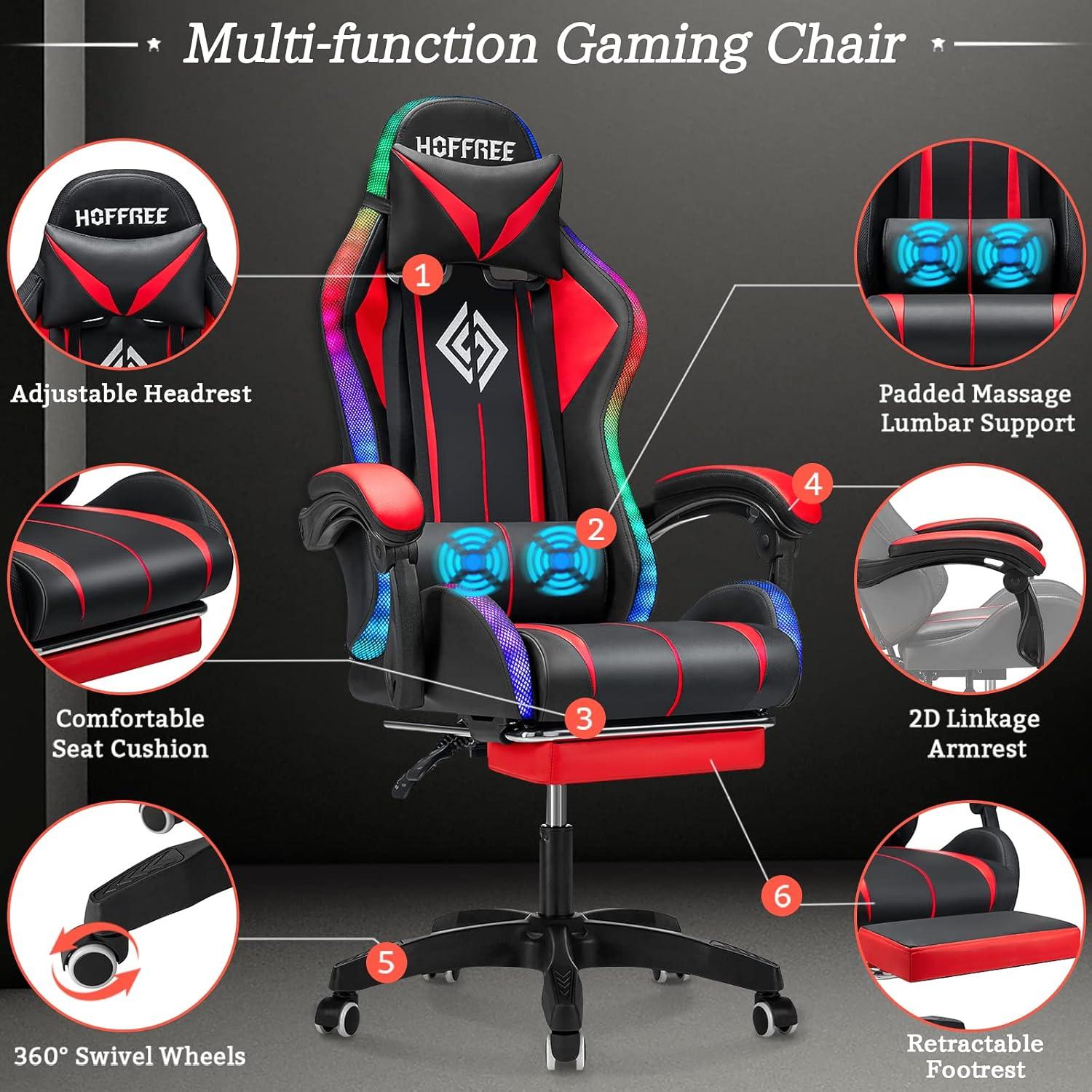 Hoffree Hoffree Massage Ergonomic Gaming Chair with Bluetooth Speakers and RGB LED Lights