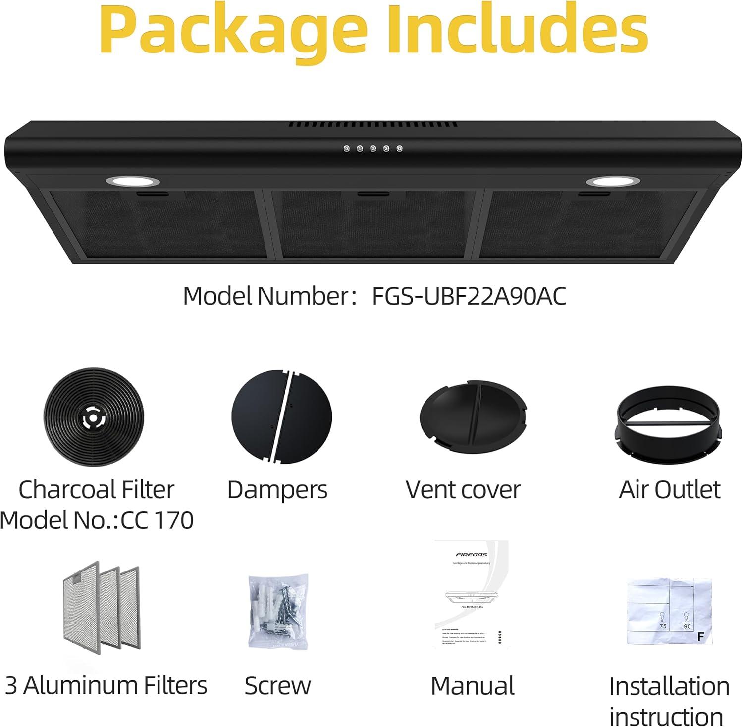 FIREGAS 36 inch Under Cabinet Range Hood 300CFM with Ducted/Ductless Convertible, Slim Kitchen Over Stove Vent, 3 Speed Exhaust Fan, Reusable Aluminum Filters, Push Button, Black