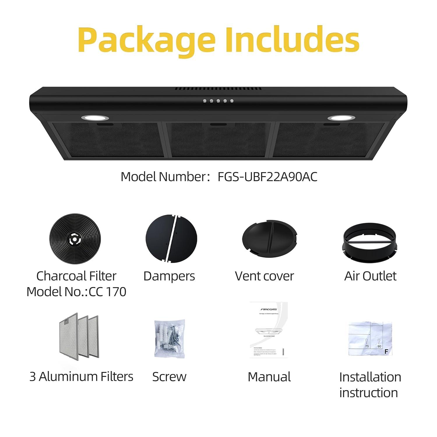 FIREGAS 36 inch Under Cabinet Range Hood 300CFM with Ducted/Ductless Convertible, Slim Kitchen Over Stove Vent, 3 Speed Exhaust Fan, Reusable Aluminum Filters, Push Button, Black