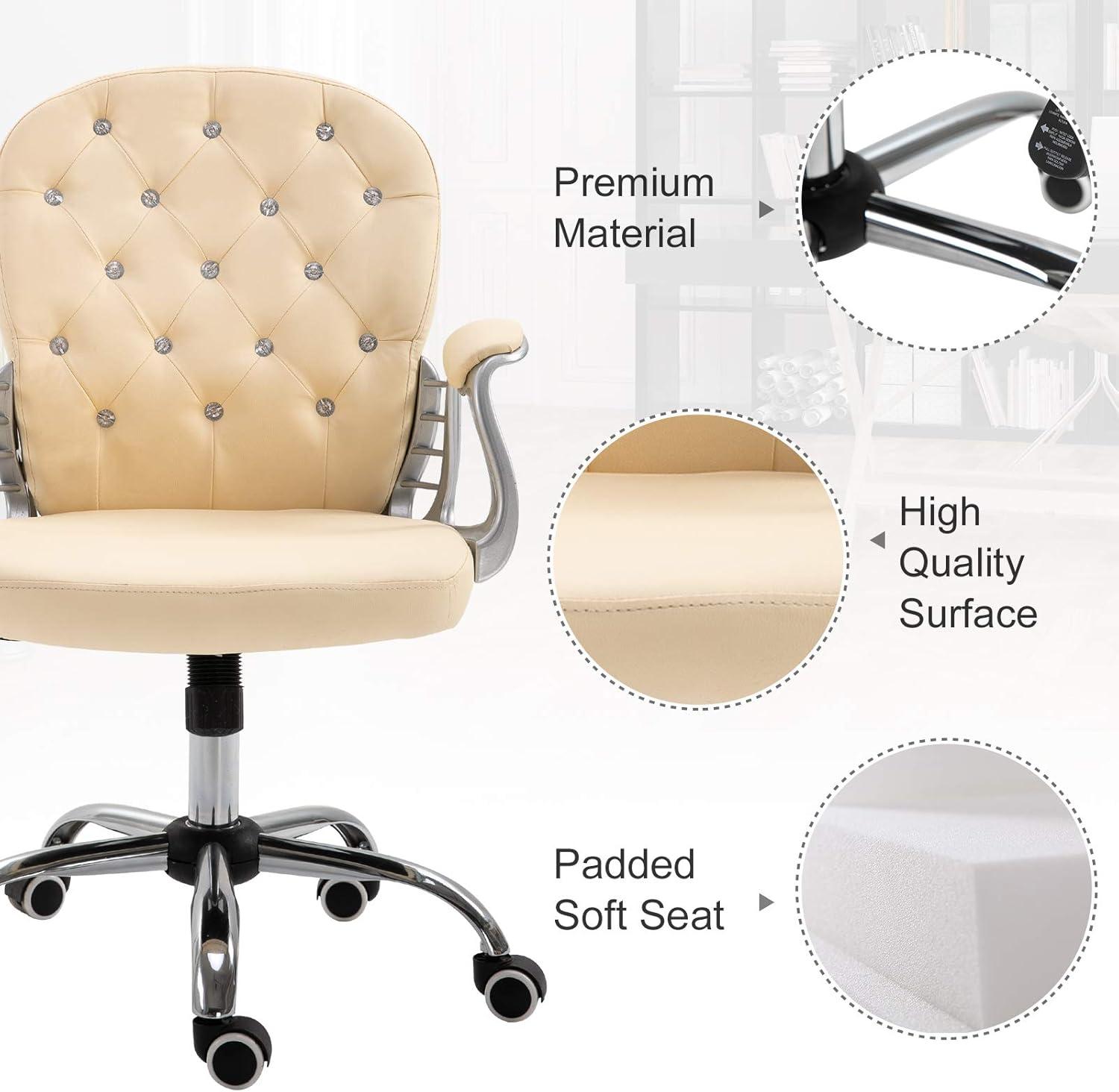 Vinsetto Vanity PU Leather Mid Back Office Chair Swivel Tufted Backrest Task Chair with Padded Armrests, Adjustable Height, Rolling Wheels, Beige