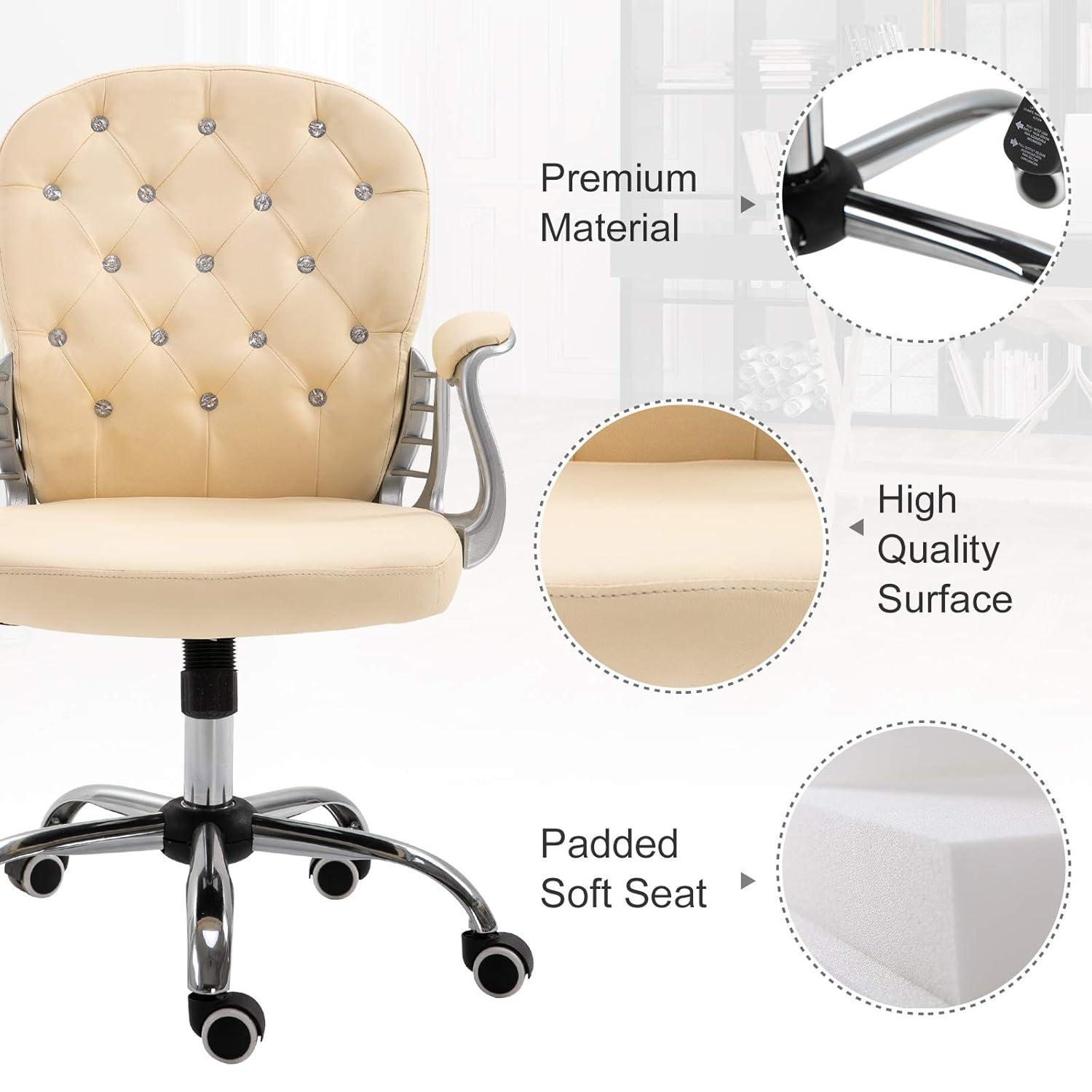 Vinsetto Vanity PU Leather Mid Back Office Chair Swivel Tufted Backrest Task Chair with Padded Armrests, Adjustable Height, Rolling Wheels, Beige