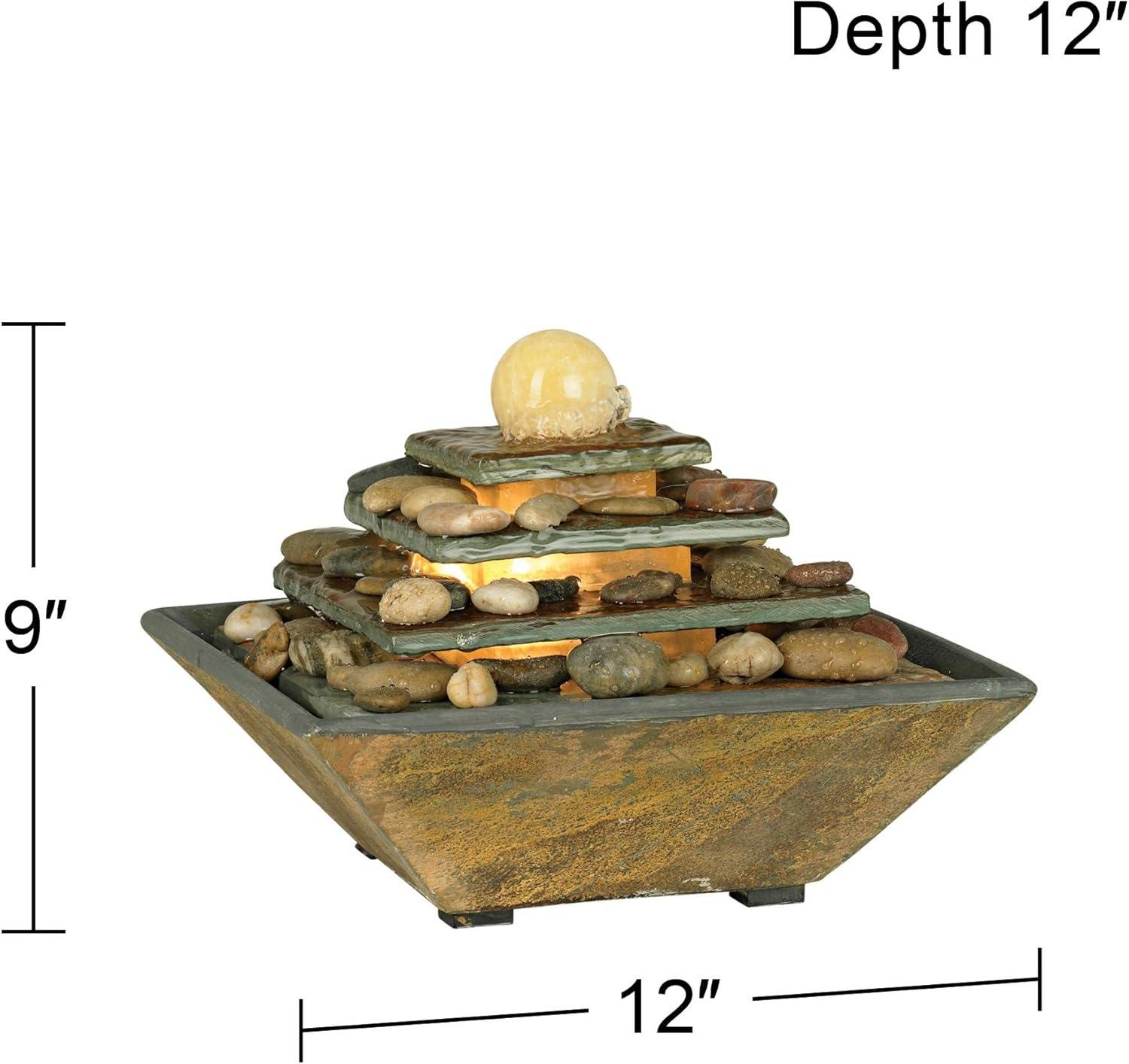 John Timberland Four Tiers Rustic 4 Tier Slate Stone Indoor Tabletop Water Fountain with LED Light 9" for Table Office Desk Home Bedroom Living Room