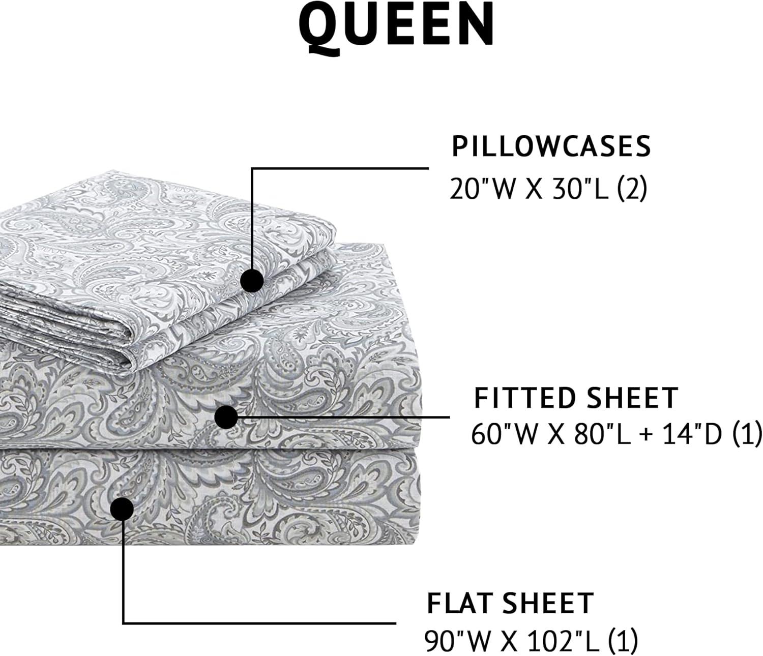 Comfort Spaces 100% Cotton Queen Sheet Set 4-Pieces Gray Paisley Lightweight Breathable All Season Cozy Sheet Set