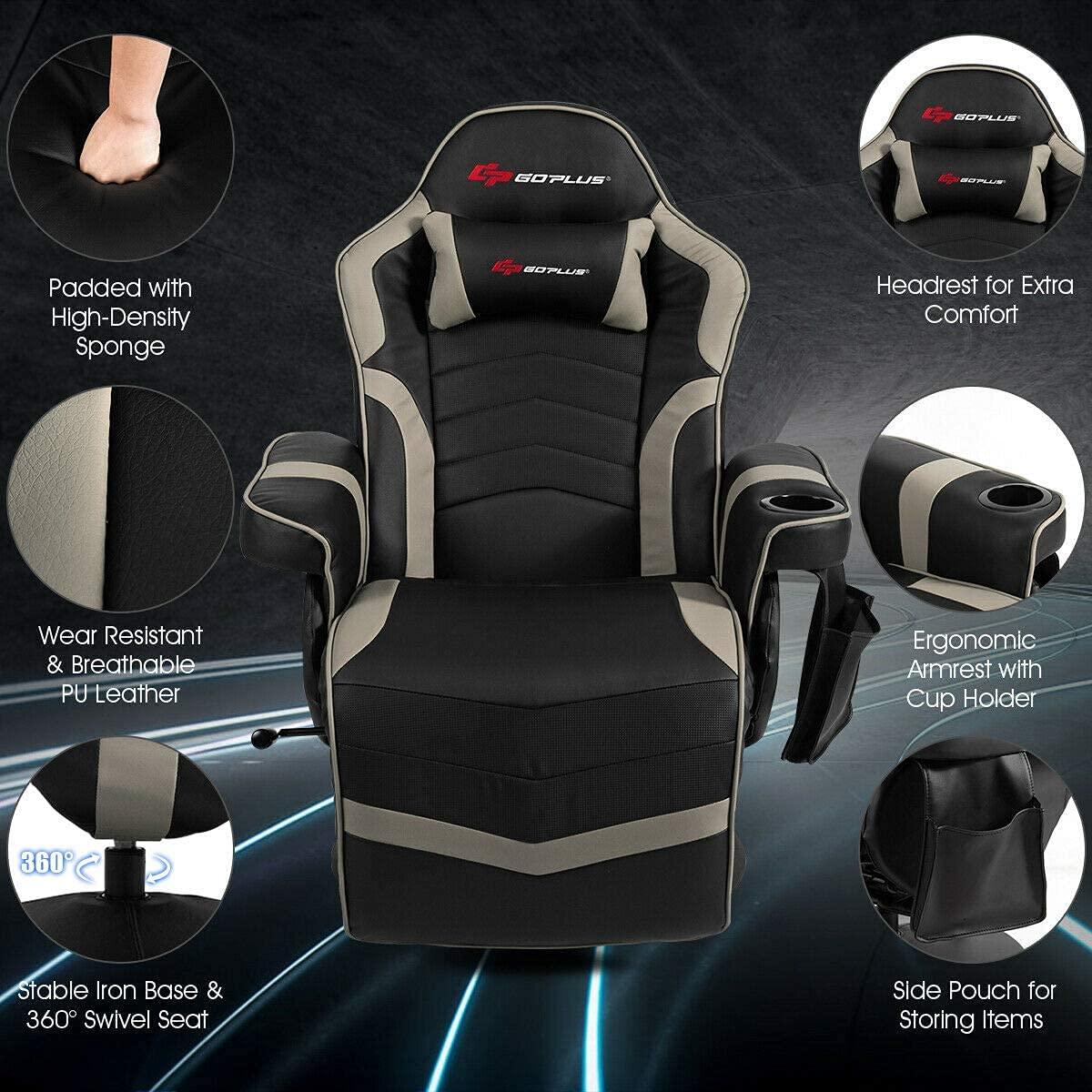 Costway Massage Gaming Recliner Reclining Racing Chair Swivel Gray