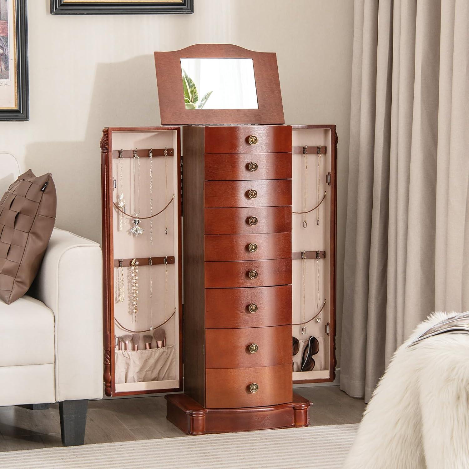 Walnut Jewelry Armoire Cabinet with Mirror and 8 Drawers