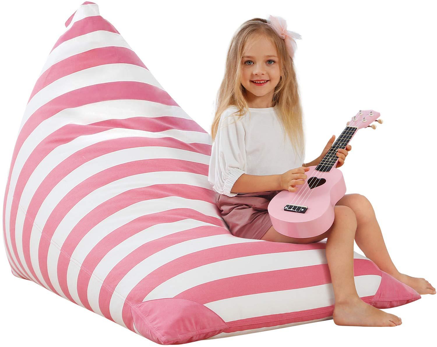 Aubliss Stuffed Animal Storage Bean Bag Chairs Cover, 50"x 35" Extra Large Bean Bags Chair for Kids & Adults, Beanbag Toy Storage for Boys Girls - Premium Cotton Canvas Pink Stripe
