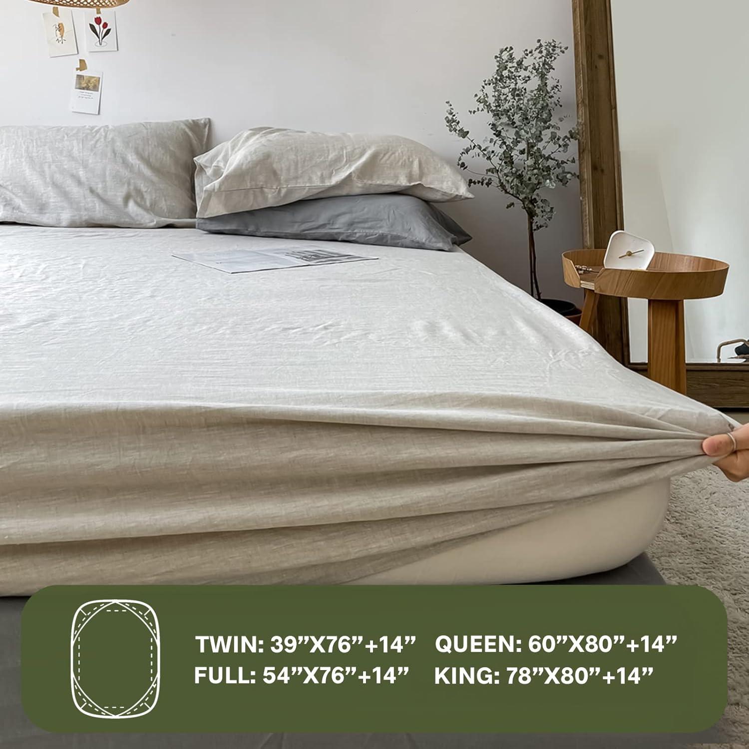 Simple&Opulence 100% Linen Fitted Sheet (1 Piece) Mattress Cover, Natural Belgian Flax-Twin Size, 14 Inch Deep Pocket Stone Washed Farmhouse Bedding-Linen