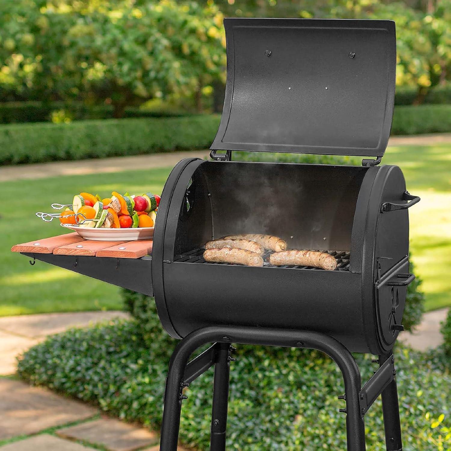 Black Barrel Charcoal Grill with Wood Shelf and Cast Iron Grates