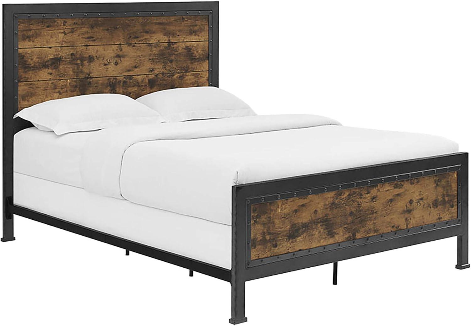 Walker Edison Queen Size Industrial Wood and Metal Bed - Brown