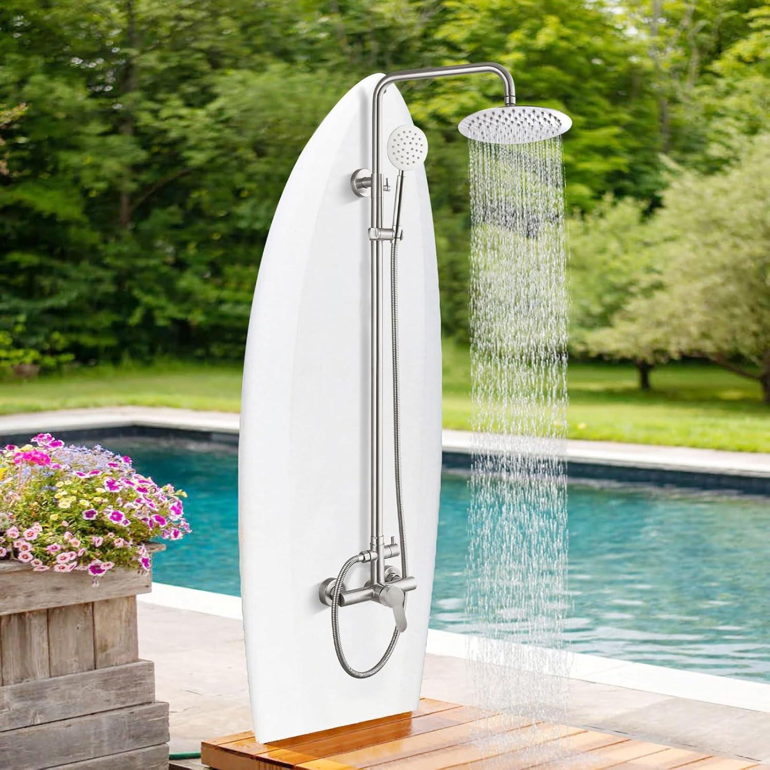 gotonovo SUS304 Outdoor Shower Fixture High Pressure Shower System Wall Mount 2 Dual Function Single Handle Shower Kit with 8 Inch Shower Head and Handheld Spray Shower Faucet Combo, Matte Black