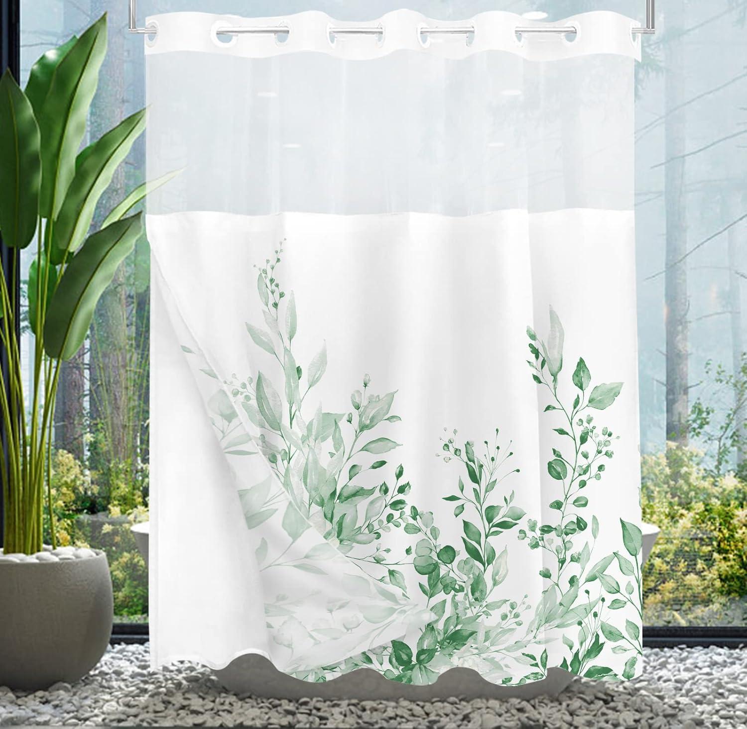 No Hook Shower Curtain with Snap in Liner, Eucalyptus Leaf Vintage Sage Green Leaves Hotel Shower Curtains for Bathroom, Washable Shower Curtain Liner Set with Mesh Top Window, 66"x72"