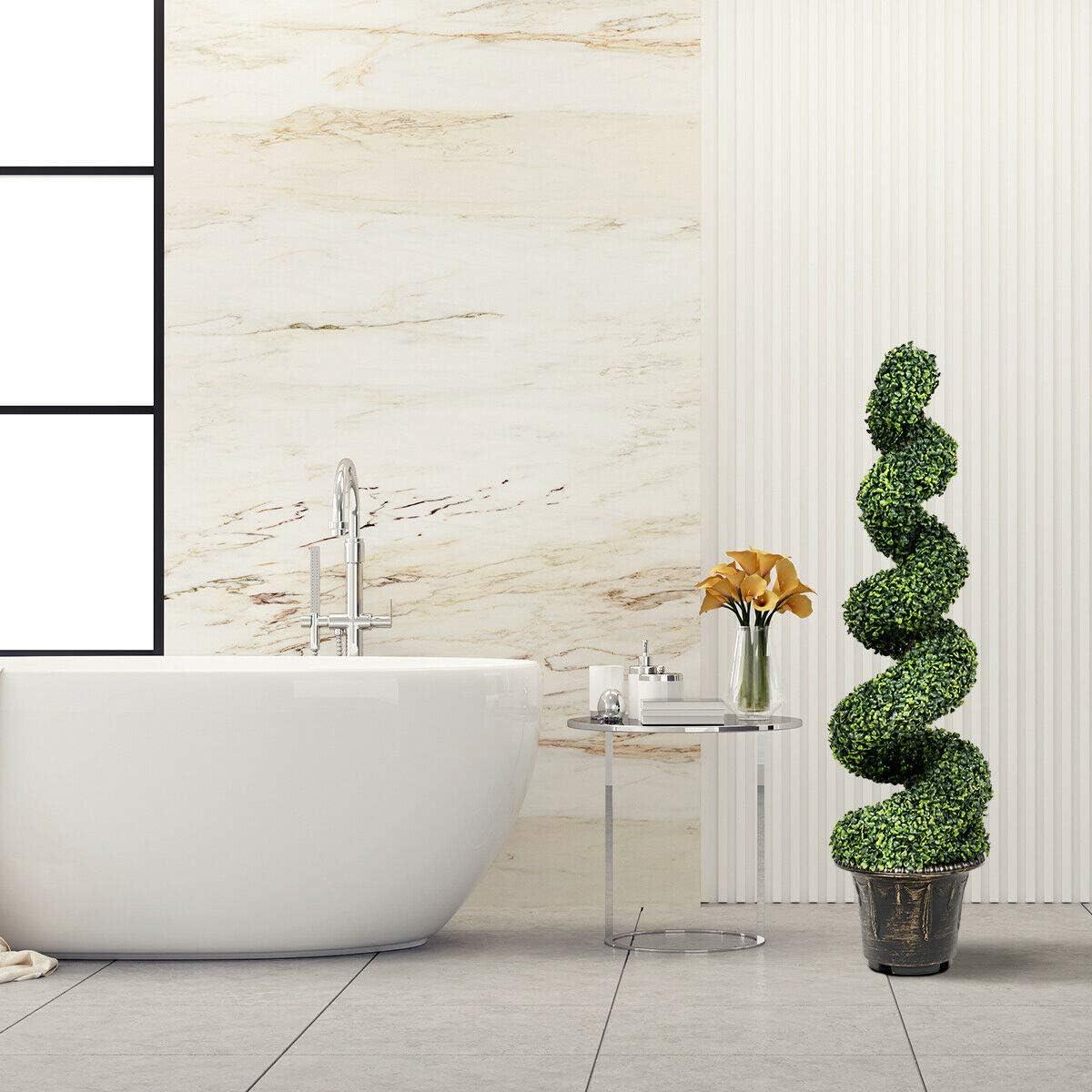 Lifelike Boxwood 4ft Spiral Topiary in Cement-Filled Pot