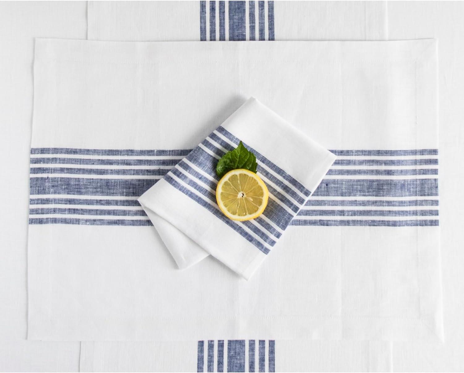 Navy and White Striped Linen Farmhouse Table Runner 16 x 108 Inch