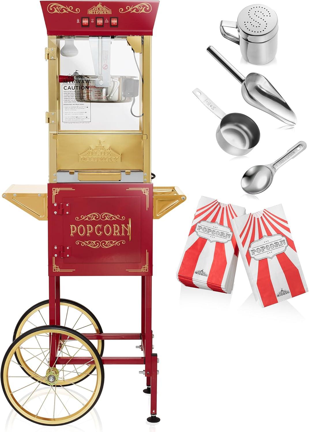 Olde Midway Movie Theater-Style Popcorn Machine Popper with Cart and 10 oz Kettle, Red