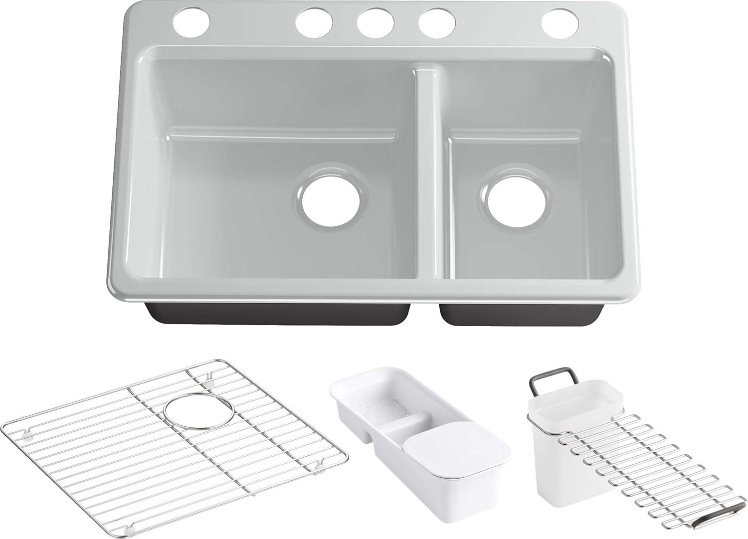 Ice Grey Cast Iron Double-Bowl Kitchen Sink with Accessories