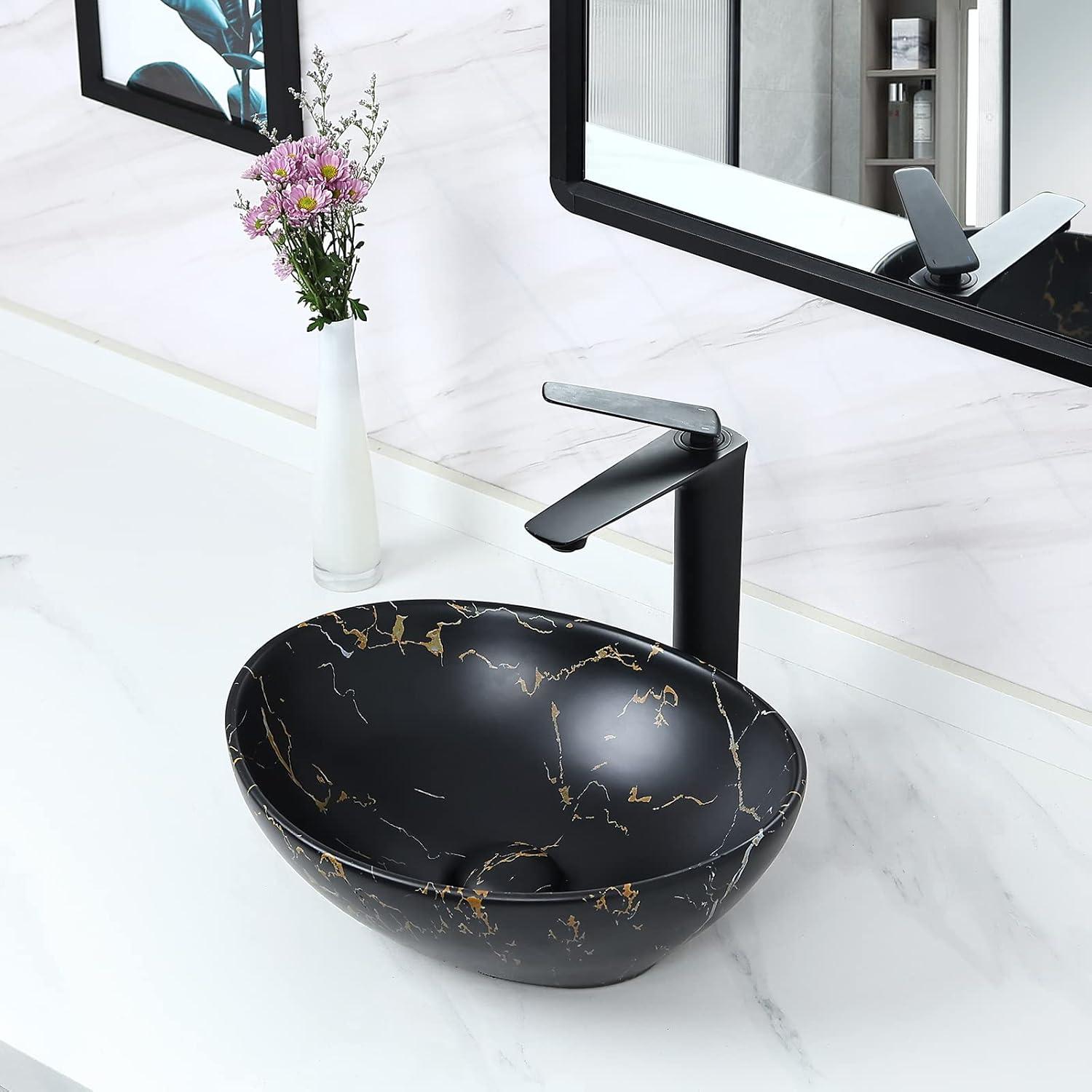 Matte Black Ceramic Oval Vessel Sink with Gold Veins