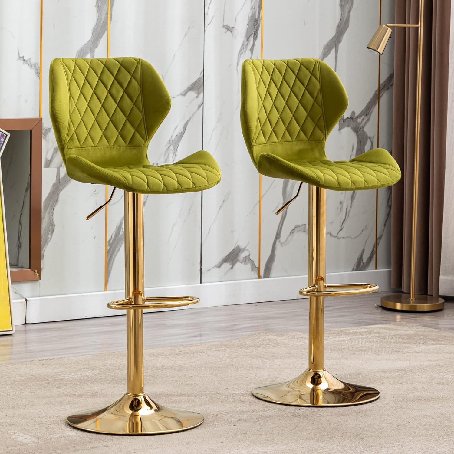 Domiluxe Modern Swivel Bar Stools Set of 2,Velvet Adjustable Counter Height Chairs with Backs, Counter Height Bar Stools with Golden Color Base for Home Kitchen Dining Room,Green