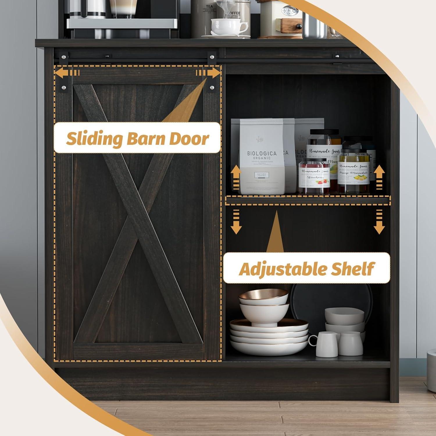 Dark Oak Farmhouse Coffee Bar Cabinet with Hutch and Sliding Barn Door