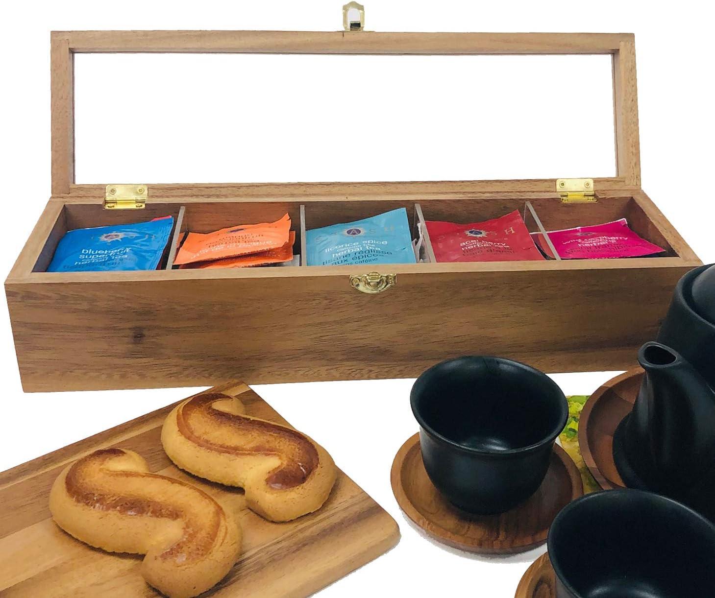 Acacia Wood 5-Compartment Tea Box with Acrylic Window