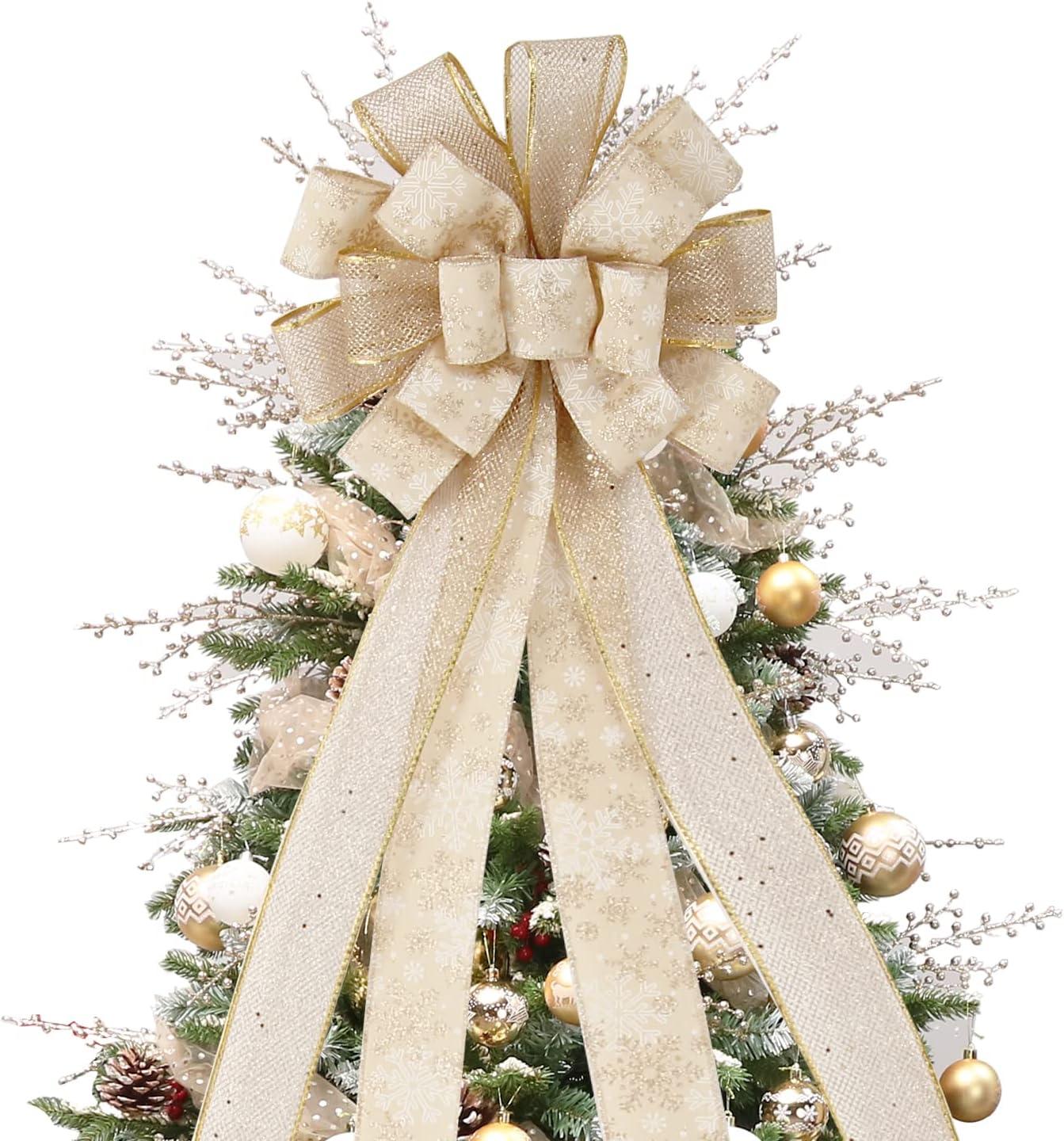 Gold Snowflake Plastic Christmas Tree Topper Bow